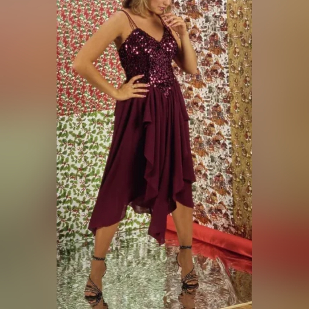 David Howard Vintage Sweetheart Sheer Sequins Asymmetrical Midi Cocktail Dress